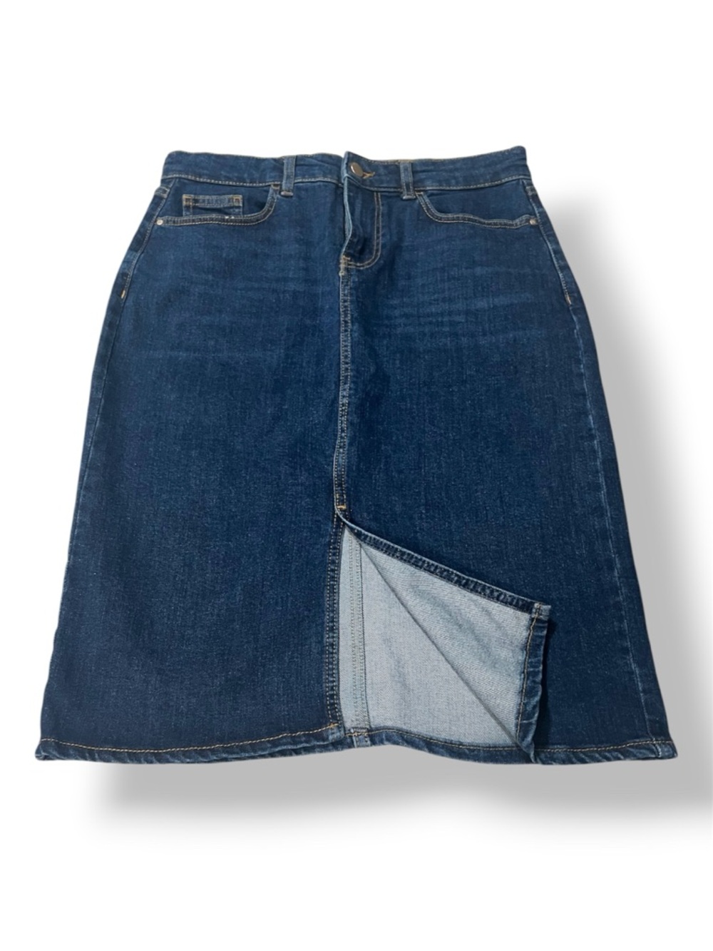 Classic Dark Blue Denim Midi Skirt with Front Vent - Women